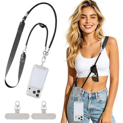 Oaridey Phone Lanyard Crossbody, Adjustable Anti Theft Phone Strap with 2 Metal Phone Tether Tabs for All Phones, Ergonomic Wide Shoulder Strap Cell Phone Lanyard for Daily Use, Skin-Friendly, Black - color: Black