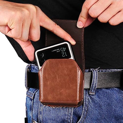 Galaxy Z Flip Leather Waist Bag Brown, Mens Leather Mobile Phone Carrying Case with Belt Clip Holder Handbag Compatible with Samsung Galaxy Z Flip 8/7/6/5/4/3 5G SM-F700/F707/F711, Moto RAZR 5G - color: Brown