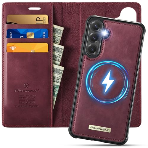 for Samsung Galaxy S25 Plus 2in1 Detachable Wallet Case, Burgundy | Compatible with Magsafe, Magnetic, RFID Blocking Card Holder, Shockproof, Kickstand, Wireless Charging, PU Leather Flip Cover - color: Retro Burgundy, size: Galaxy S25 Plus - 6.7"