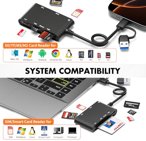 USB C/USB SIM Card Adapter, 7 in 2 CAC Reader for SD/TF/M2/ID/IC/SIM/PIV/Ms - color: Black, size: USB/USBC SIM cardreader