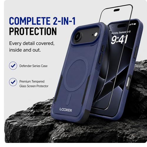 LOOXER® Heavy Duty Rugged Magnetic Case for iPhone 17 Air (6.5”) | Military Grade Shockproof Protection,MagSafe Compatible+ Tempered Glass Included (Blue, 17 Air) - color: Blue, size: 17 Air