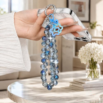 Cute Phone Wrist Strap Chic Beaded Cellphone Lanyard Phone Charm Grip Strap - color: Blue Crystal