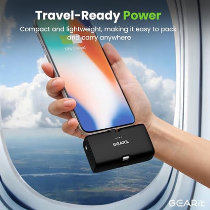 GEARit 5000mah Power Bank - Dual Output, Mini Battery Pack with Integrated USB-C and Lightning Connectors - Compact, Small Portable Charger Compatible - Black