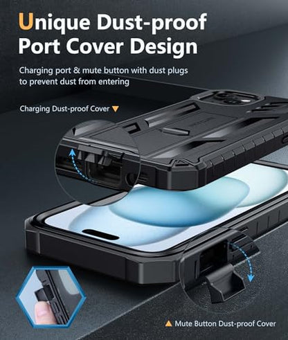 FNTCASE for iPhone 15 Plus Case, Built-in Screen Protector, Kickstand Black | Military-Grade Drop Protection, Anti-Slip Matte Textured, Rugged Heavy Duty Shockproof TPU Protective Cover - color: Black