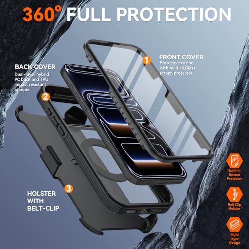 Magnetic for iPhone 17 Pro Case, Compatible with MagSafe, Full Body Rugged Case with Built-in Screen Protector & Kickstand & Belt-Clip (Black) - color: Black