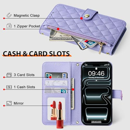 Wallet Phone Case Crafted for iPhone 17 Pro Purple | Women Wallet Flip Case Cover Wrist Strap Zipper Credit Card Holder Slots PU Leather - color: Purple, size: iPhone 17 Pro