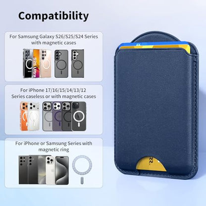 Magnetic Wallet for Samsung Galaxy S26 S25 S24 Series, Fold 8 Ultra with Magsafe Case, for iPhone 17-12 Series, RFID Blocking Leather Magnetic Card Holder | Holds 3 Cards | Blue - color: Blue