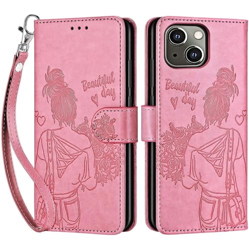 for iPhone 13/14 Wallet case, Pink-Girl | 3 Card Holders, Kickstand, Shockproof TPU Shell, PU Leather, Magnetic Closure, Protective Flip Folio Cover, Women - color: 1