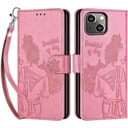 for iPhone 13/14 Wallet case, Pink-Girl | 3 Card Holders, Kickstand, Shockproof TPU Shell, PU Leather, Magnetic Closure, Protective Flip Folio Cover, Women - color: 1