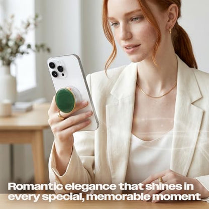 Natural Gemstone Phone Grip Collapsible Cell Phone Holder & Expanding Kickstand, Authentic Oval Crystal with Gold Edge (Green Aventurine, Adheisve Base) - color: Green aventurine
