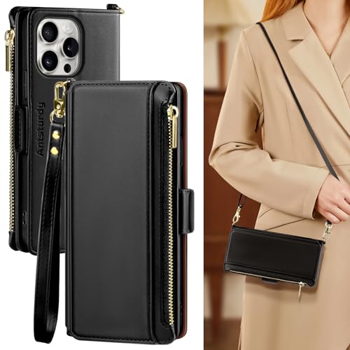 Antsturdy Crossbody Phone Wallet Case for iPhone 15 Pro,Black | RFID Blocking,PU Leather Flip Cover,Kickstand,with Credit Card Holder,Wrist Strap Lanyard & Handbag Purse,for Women & Men - color: (Crossbody) - Black