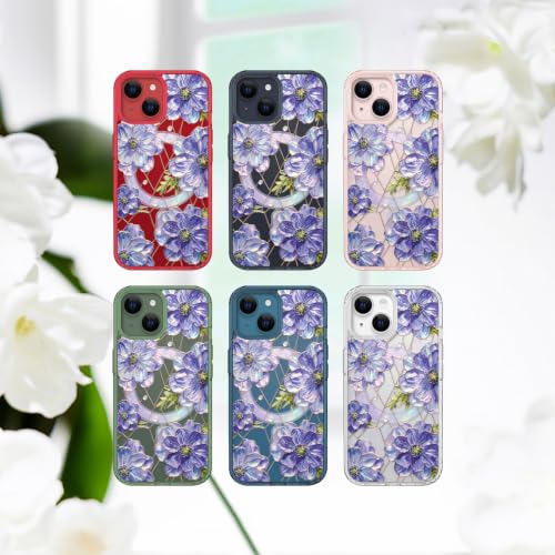 for iPhone 13 Mini 5.4" Magnetic Case【Compatible with MagSafe】 Aesthetic Oil Painting Stained Glass Flower Design, Slim Fit Hard PC Back Shockproof Cute Clear Phone Cover, Purple - color: Purple, size: iPhone 13 Mini