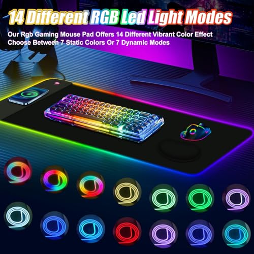 ToLuLu Wireless Charging RGB Gaming Mouse Pad, 15W LED Mouse Mat with 30W Charger, 14 Light Modes Large Mousepad Wrist Support, Non-Slip Rubber Base Desk Mat Computer PC Keyboard Pad XXL, Cool Black - color: Black
