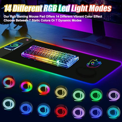 ToLuLu Wireless Charging RGB Gaming Mouse Pad, 15W LED Mouse Mat with 30W Charger, 14 Light Modes Large Mousepad Wrist Support, Non-Slip Rubber Base Desk Mat Computer PC Keyboard Pad XXL, Cool Black - color: Black