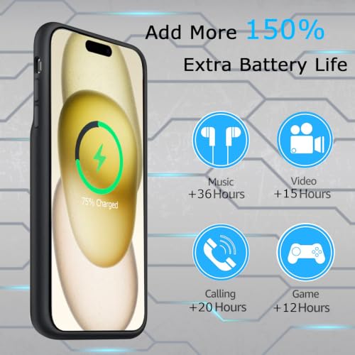 Battery Case for iPhone 15, Upgraded 10000mAh Ultra-Slim Rechargeable Portable Extended Battery Pack Support Qi Wireless Charging Case Compatible with iPhone 15(6.1 inch) Charger Case Cover(Black) - size: iPhone 15