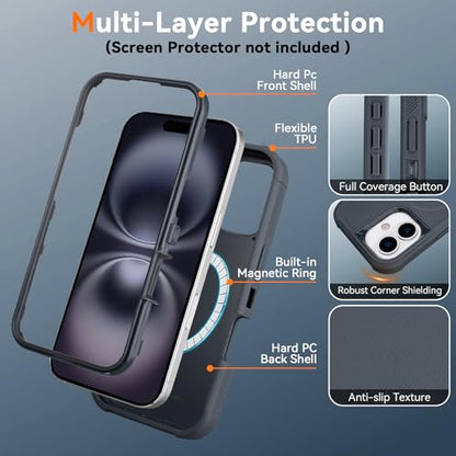 for iPhone 16 Case with Belt Clip, Compatible with Magsafe, Gray | Anti-Drop, Anti-Fingerprint, 3 in 1 Heavy Duty Shockproof Protection for iPhone 16 Case Rugged with Kickstand - color: Gray