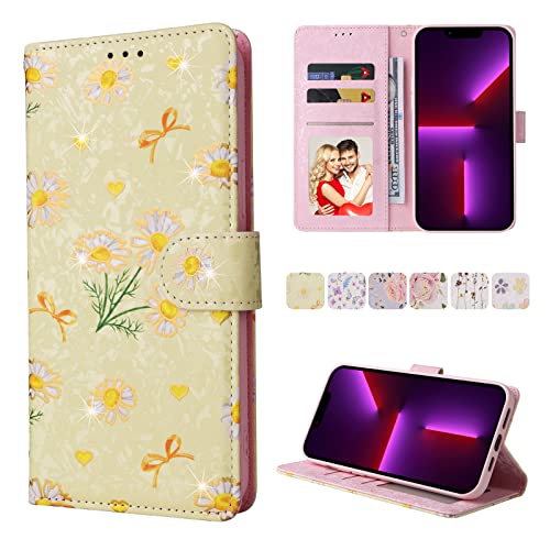 UEEBAI Wallet Case for Samsung Galaxy S22 Ultra 5G, PU Leather Flip Case with Kickstand, RFID Blocking, Card Slots, Wrist Strap, Relief Engraved Pattern, Magnetic Closure, Yellow Daisy Flower Folio - color: Yellow Daisy, size: Samsung Galaxy S22 Ultra 5G