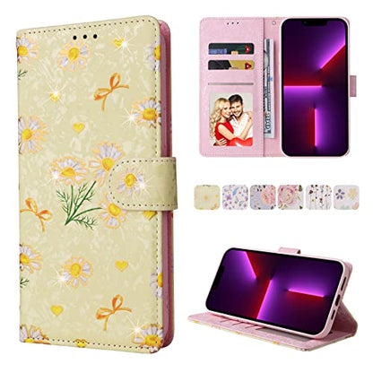 UEEBAI Wallet Case for Samsung Galaxy S22 Ultra 5G, PU Leather Flip Case with Kickstand, RFID Blocking, Card Slots, Wrist Strap, Relief Engraved Pattern, Magnetic Closure, Yellow Daisy Flower Folio - color: Yellow Daisy, size: Samsung Galaxy S22 Ultra 5G