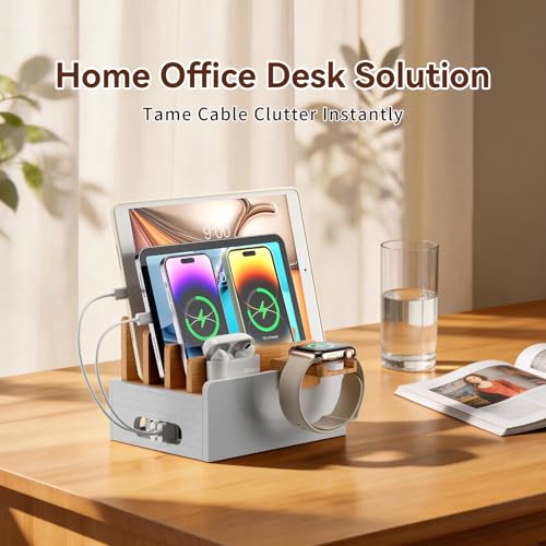 Pezin & Hulin Bamboo Charging Station with USB Charger&Cables-Natural+White - color: Natural + White(With Charger)