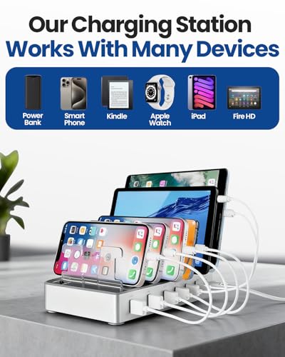 6-Port USB Charging Station with 6 Included Cables, Fast Charging Hub for iPhone Android Cell Phone, Tablet, Smartwatch - Multi Port Desktop Organizer (Silver)