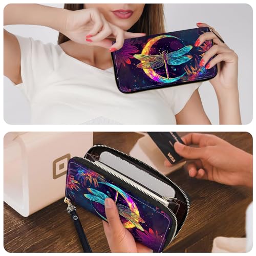 Ladies Wallet,Clutch Purses for Women Wallets Leather Credit Card Holder for Women Wristlet Slim Small Cute with Zipper,Thin RFID Blocking with Wrist Strap,Glitter Dragonfly Moon - color: Glitter Dragonfly Moon
