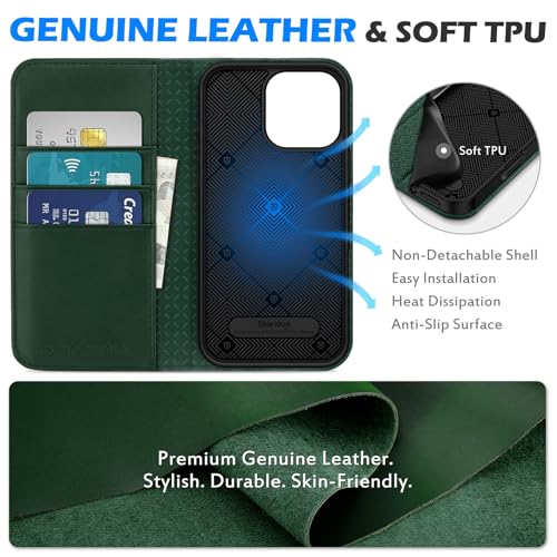 SHIELDON Genuine Leather Wallet Case for iPhone 16 Pro Max 6.9", Evergreen | RFID Blocking, Credit Card Holder, Magnetic Closure, Kickstand, Folio Design, Full Protection, Shockproof Phone Cover - color: Evergreen