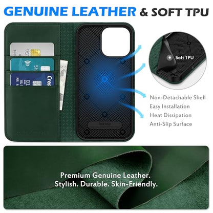 SHIELDON Genuine Leather Wallet Case for iPhone 16 Pro Max 6.9", Evergreen | RFID Blocking, Credit Card Holder, Magnetic Closure, Kickstand, Folio Design, Full Protection, Shockproof Phone Cover - color: Evergreen