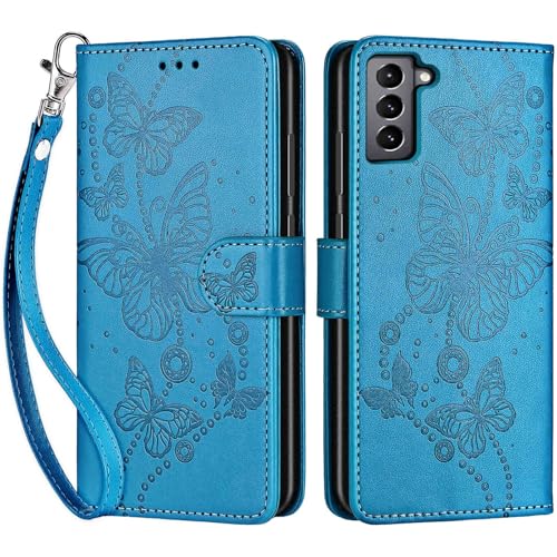 for Samsung Galaxy S22 Wallet case, Blue-Butterfly | 3 Card Holders, Kickstand, Shockproof TPU Shell, PU Leather, Magnetic Closure, Protective Flip Folio Cover, Women - color: 8