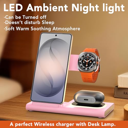 Wireless Charger for Samsung Charging Station, Foldable & Nightlight - color: pink