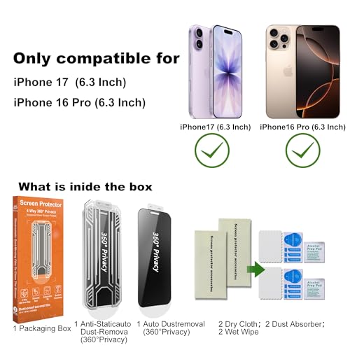 2-Pack Privacy Screen Protector for iPhone 17 / iPhone 16 Pro | 360° 4-Way Anti-Spy Tempered Glass, Shatterproof, Scratch-Resistant + Easy Mounting Frame - size: for iPhone 17 / iPhone 16 Pro