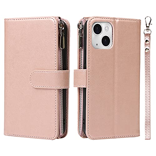 iCoverCase Compatible with iPhone 13 Wallet Phone Case with Card Holder, PU Leather Zipper Pocket Magnetic Detachable Flip Case with Wrist Strap (Rose Gold) - color: Detachable--Rose Gold