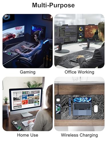 Mouse Pad with Wireless Charging, Large Desk Mat, Black Topographic Map #1 - color: Black Topographic Map #1