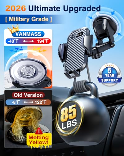 VANMASS Car Phone Holder 2026 Ultimate Military-Grade Strongest Suction & Clip Windshield Dashboard【Newest Best Strongest】 Cell Phone Automotive Dash Gauge Accents for iPhone 18 Pro Max 17 16 15 14 - color: Black