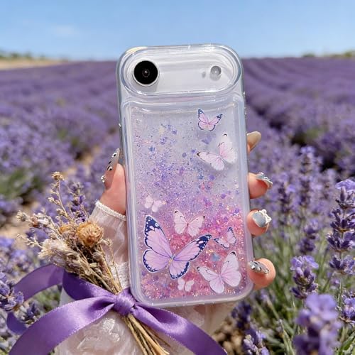 Compatible with iPhone Air Glitter Butterfly Case Glow in The Dark Women Girls Girly Bling Sparkle Flowing Quicksand Light up Soft TPU Bumper Luminous Clear Phone Cover, Blue - color: Purple, size: iPhone Air