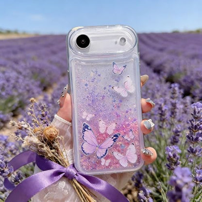 Compatible with iPhone Air Glitter Butterfly Case Glow in The Dark Women Girls Girly Bling Sparkle Flowing Quicksand Light up Soft TPU Bumper Luminous Clear Phone Cover, Blue - color: Purple, size: iPhone Air