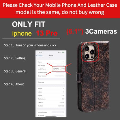 Leather Case Compatible with iPhone 13 Pro Wallet 6.1" | Genuine Leather 2-in-1 Magnetic Detachable Shockproof,Flip Folio Cover with Card Slot, RFID Blocking Brown Coffee - color: Brown Coffee, size: 6.1"-13 pro