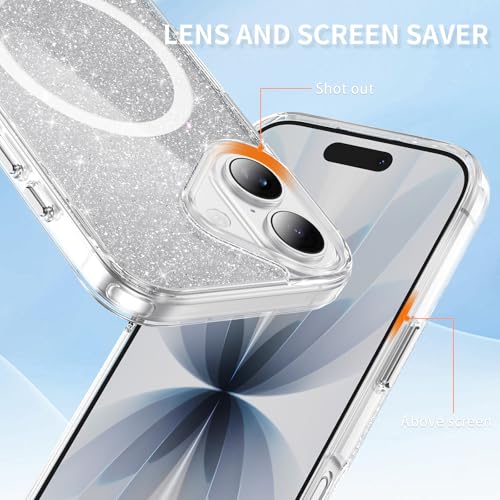 LEMAXELERS Magnetic Clear Glitter Case for iPhone 17 -Clear SF | Compatible with MagSafe, Crystal Sparkly Bling Clear TPU Bumper Hard PC Slim Shockproof Protective Cover - color: Clear, size: iPhone 17