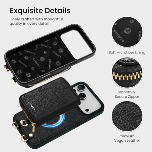 ORNARTO Magnetic Detachable Wallet Case for iPhone 17 Pro Max, Black | Compatible with MagSafe, Crossbody Wallet Case with Card Holder Wrist Strap, RFID Blocking PU Leather Wallet Phone Cover 6.9” - color: Black