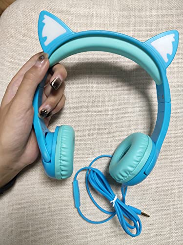 Olyre Kids Wired Headphones LED Light-Up Cat Ears Headset, Dual Audio Jack - color: Blue