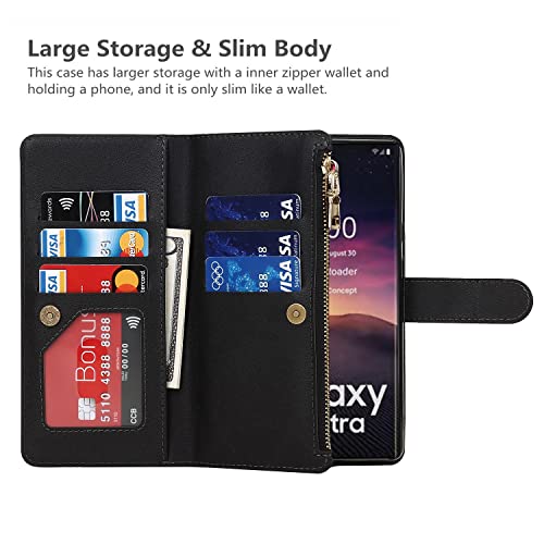 iCoverCase for Samsung Galaxy S23 Ultra Wallet Case with Card Holder, Kickstand Feature PU Leather Case with Adjustable Crossbody Lanyard Magnetic Clasp Zipper Pocket Flip Cover (Black) - color: Black, size: Galaxy S23 Ultra