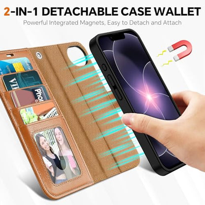 TUCCH 2-in-1 Detachable Wallet Case for iPhone 17e/16e (6.1"), Light Brown | 4 Card Holders, RFID Blocking, Wireless Charging, Kickstand, Wrist Strap, Shockproof TPU, PU Leather, Magnetic, Folio Cover - color: Brown - Textured