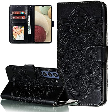 EYZUTAK Case for Samsung Galaxy A15 4G/5G, Premium Leather Magnetic Closure Flip Wallet Phone Case with Card Holder Cash Slots Stand Function Embossed Mandala Flower Shockproof Lanyard Cover - Black - color: Black, size: Samsung Galaxy A15 4G/5G
