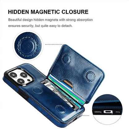 KIHUWEY Compatible with iPhone 15 Pro Wallet Case Credit Card Holder, Premium Leather Kickstand Flip Hidden Magnetic Clasp Durable Shockproof Protective Cover for iPhone 15 Pro 6.1 inch (Blue) - color: Blue