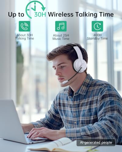 AOC Wireless Headset with Mic for Work, AI Noise Cancelling, Bluetooth - color: Black White