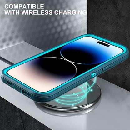 YKHJKLEC for iPhone 14 Pro Case, Military Grade 3 in 1 Heavy Duty Shockproof/Drop Proof/Dust Proof Case with 2Pcs Tempered Glass Screen Protector (Blue/Turquoise) - color: Blue/Turquoise