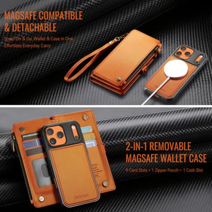 Defencase for iPhone 17 Pro Max Case Wallet Compatible with Magsafe, Orange | Drop-Proof Magnetic Detachable Phone Cases Cover, with RFID Bolcking Card Holder, Zipper Strap, PU Leather, Removable Wallet - color: (Detachable with Magsafe)-Orange