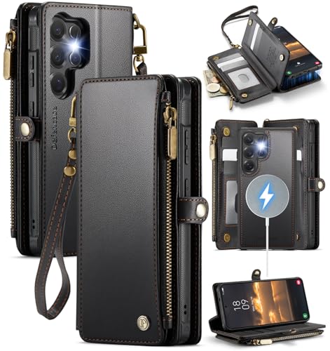 Defencase for Galaxy S24 Ultra Case Wallet Compatible with Magsafe, Black | Magnetic Detachable, RFID Bolcking Card Holder, Zipper Strap, PU Leather Drop-Proof Phone Cover for Samsung Galaxy S24 Ultra - color: (Detachable with Magsafe)-Black