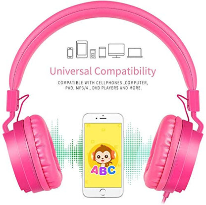 Kids Headphones, Lightweight Stereo Wired Toddler Headphones, Adjustable Headband Children's Headset for Smartphones Computer Pad Earphones(Pink) - color: Pink