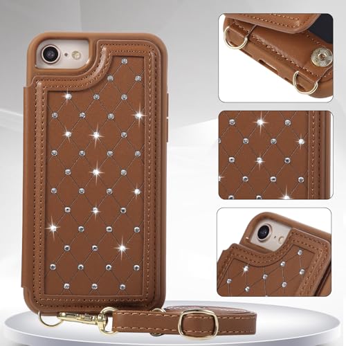 for iPhone 7/8/SE 2022/SE 2020 Wallet Case with Card Holder Slots and Strap, RFID Blocking Magnetic Flip Folio Cover, Crossbody Purse Protection Case with Kickstand,Brown Diamond - color: Brown Diamond, size: iPhone 7/8/SE 2022/SE 2020(6.6")
