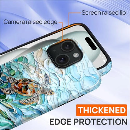 Case Compatible with iPhone 15, Cute Dual Layer Hybrid Phone Cover, Military Grade Drop Protection, Aesthetic Shockproof Phone Case for Women Girls, Stained Glass Sea Turtle - color: Stained Glass Sea Turtle, size: Iphone 15